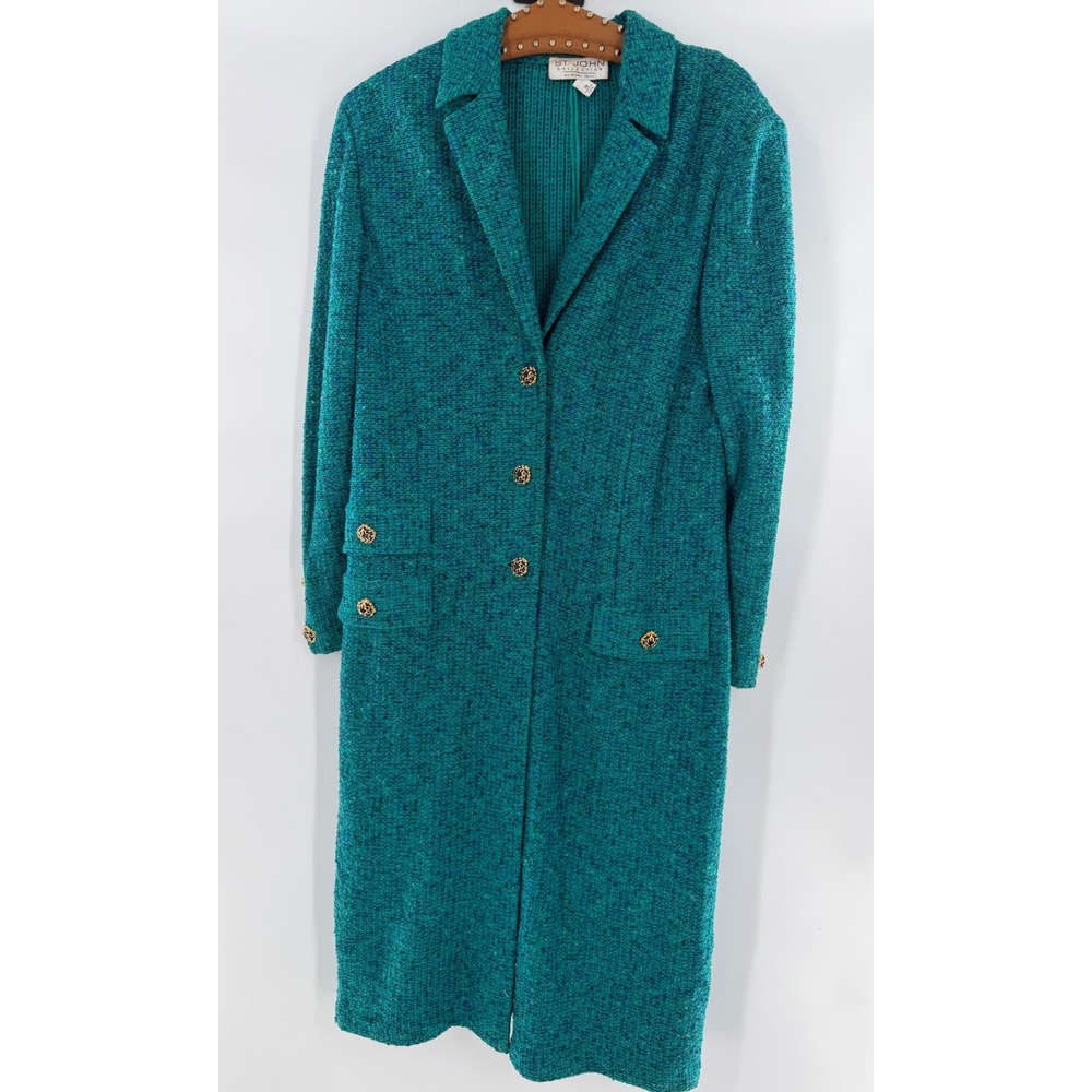 St John Collection Marie Gray Teal Knit Boucle Long Coat Gold Buttons Sz 14
USA